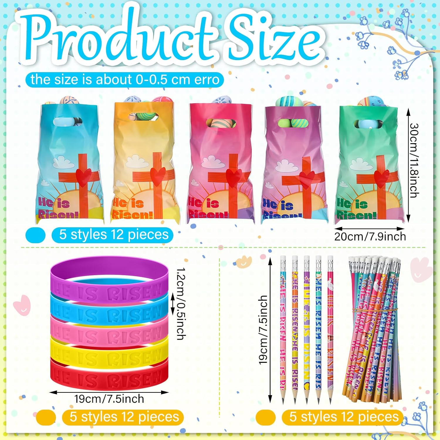 Ireer 180 Pcs Easter Party Favors He Is Risen Favors Set Includes 60 Pcs Plastic Easter Goody Bags 60 Pcs He Is Risen Silicone Wristband 60 Pcs Religious Pencils for Easter School Favors