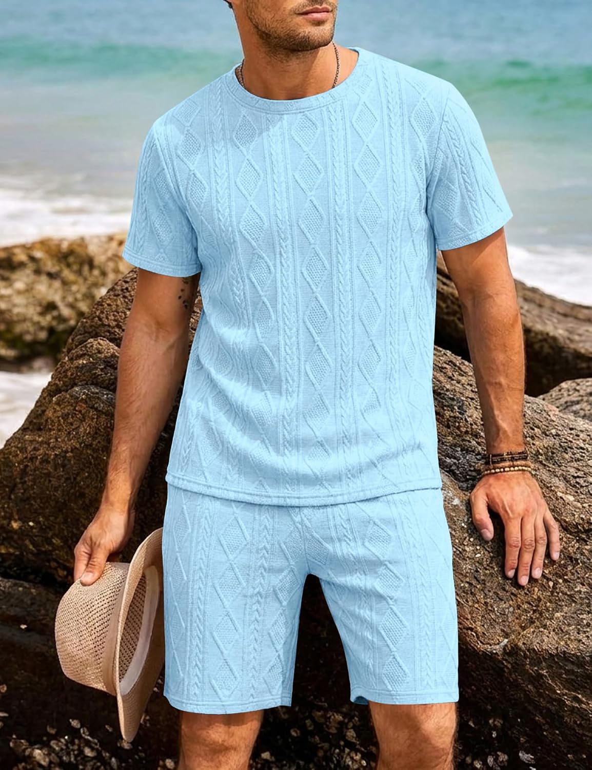Babioboa Men's 2 Piece Outfits Textured Short Sets Casual Short Sleeve T Shirt and Shorts Summer Tracksuit Off-Duty Set image 3