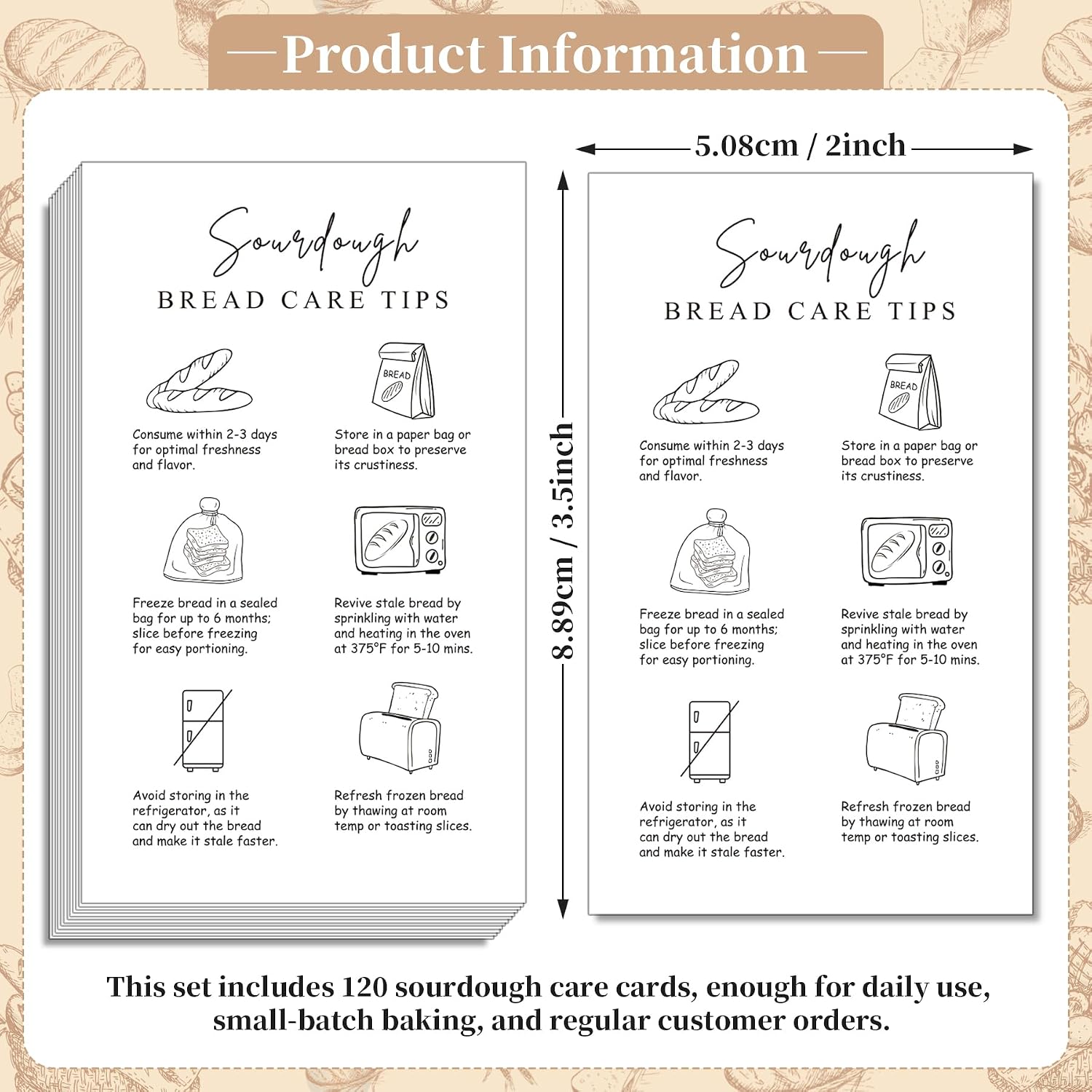 Sourdough Bread Care Cards 120 Pack, 2x3.5 Inch Storage Instructions Cards for Homemade Bakers & Micro Bakery Customers (120)