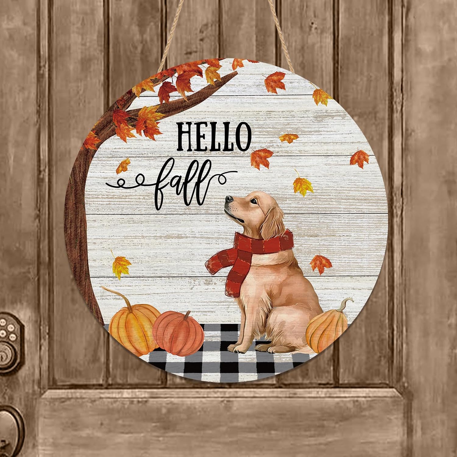 YINENA Hello Fall Dog Door Sign Golden Retriever Pumpkin Wood Door Hanger for Outdoor Outside Porch Autumn Seasonal Farmhouse Wooden Indoor Wall Hanging Decoration