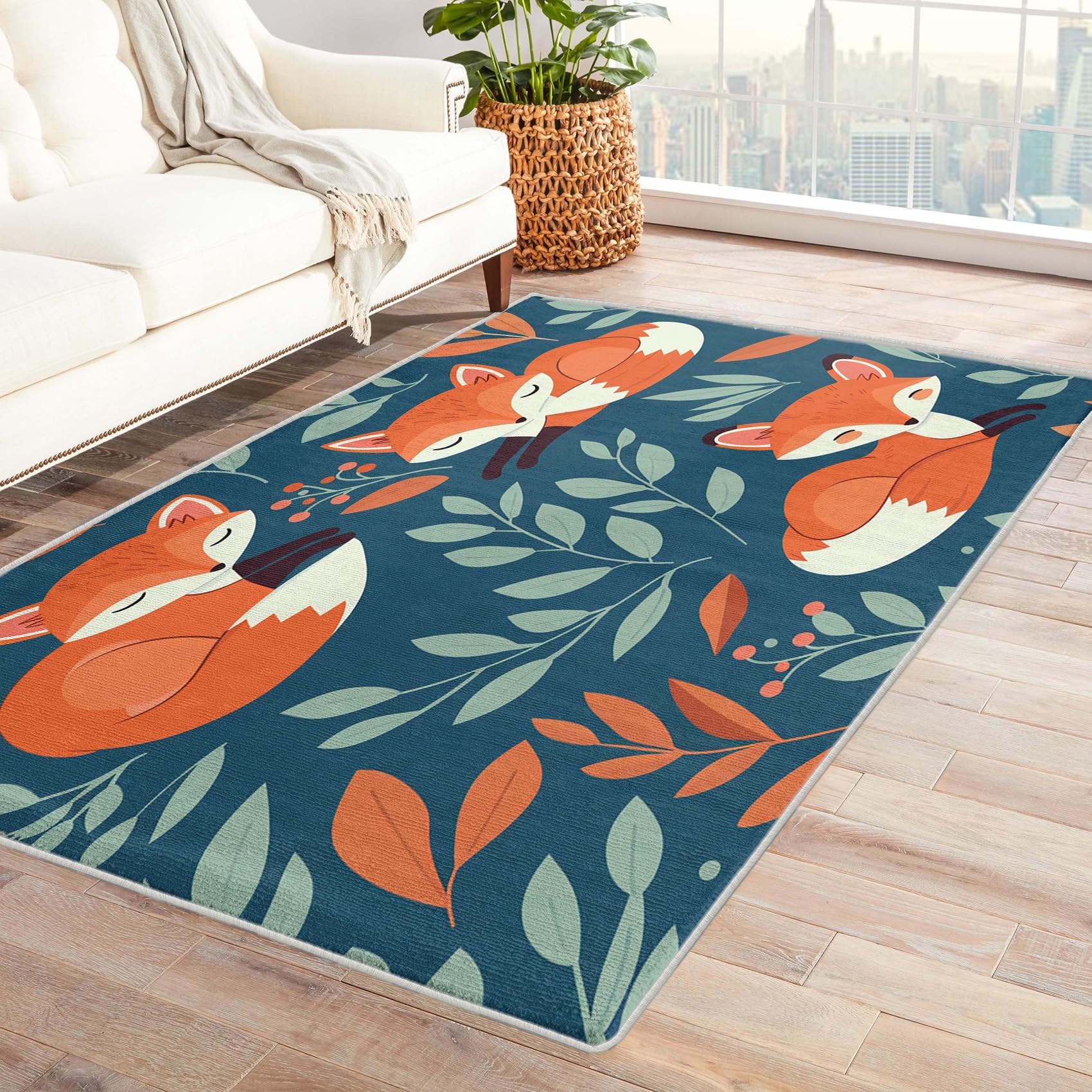 Woodland Rug for Nursery - Cute Fox Rug, Kids Cartoon Forest Animal Rugs for Living Room Bedroom, Washable Non Slip Soft Small Carpet, Patterned Area Rugs & Home Decor 40x60 cm