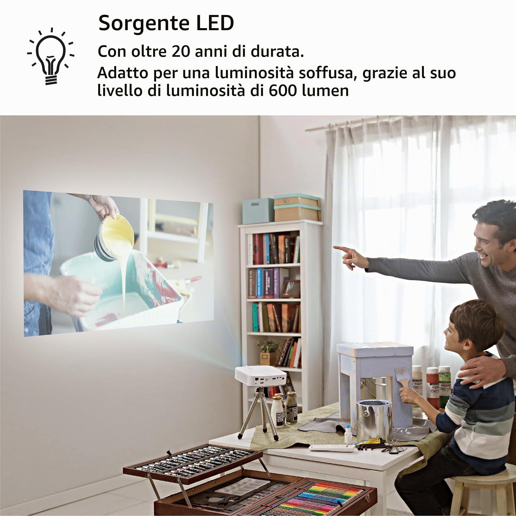 LG PF50KS Mini Proiettore Portatile per Ufficio e Tempo Libero, Risoluzione Full HD 1920x1080, Speaker Integrati, USB, USB-C, HDMI, Wireless, Batteria Integrata 2.5 Ore, 600 ANSI Lumens