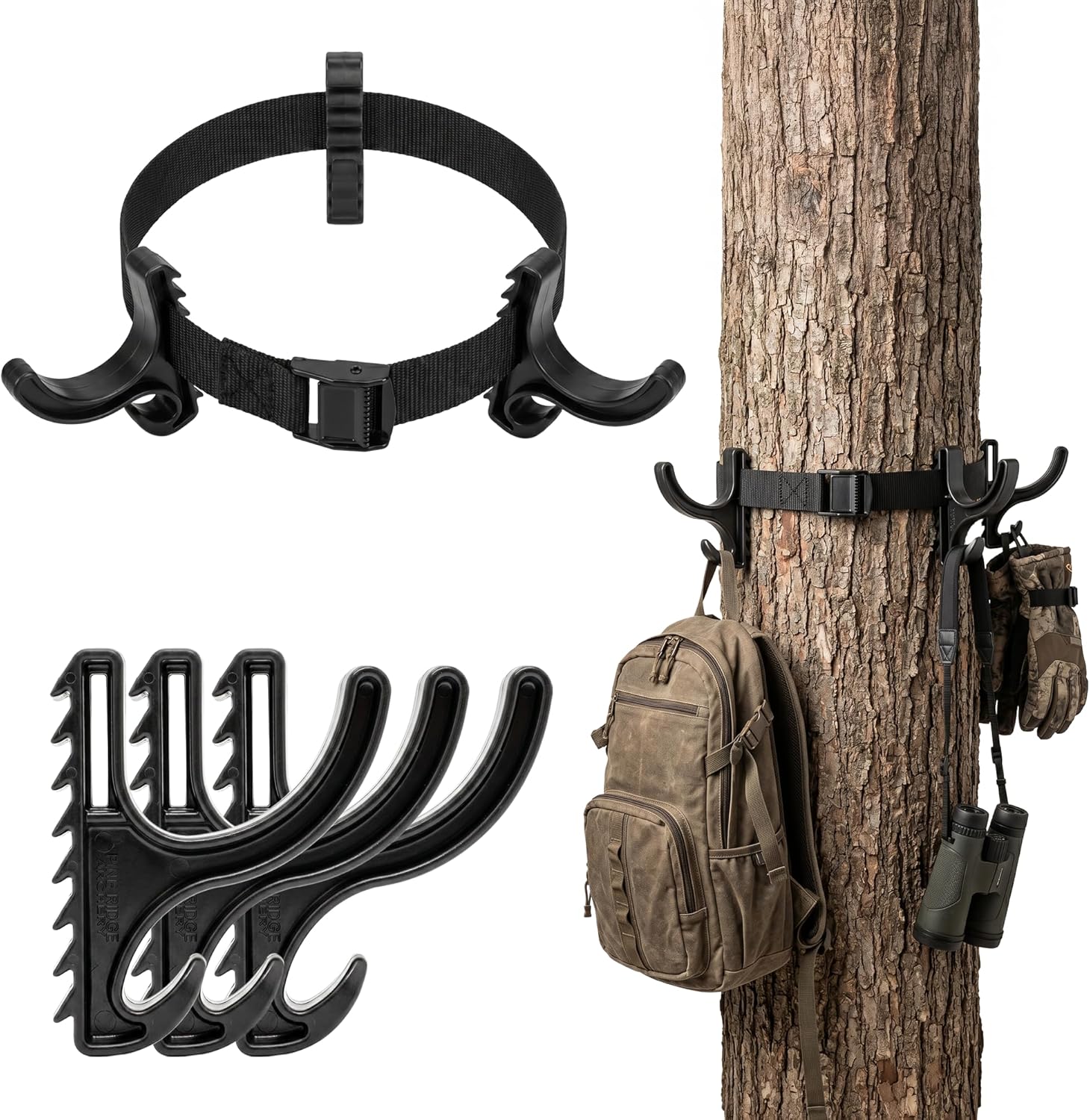 Pine Ridge Archery Gear Hanger HD – Lightweight Deer Hunting Tree Strap with 3 Quiet Nylon Hooks – Compact Saddle Hunting Gear Organizer