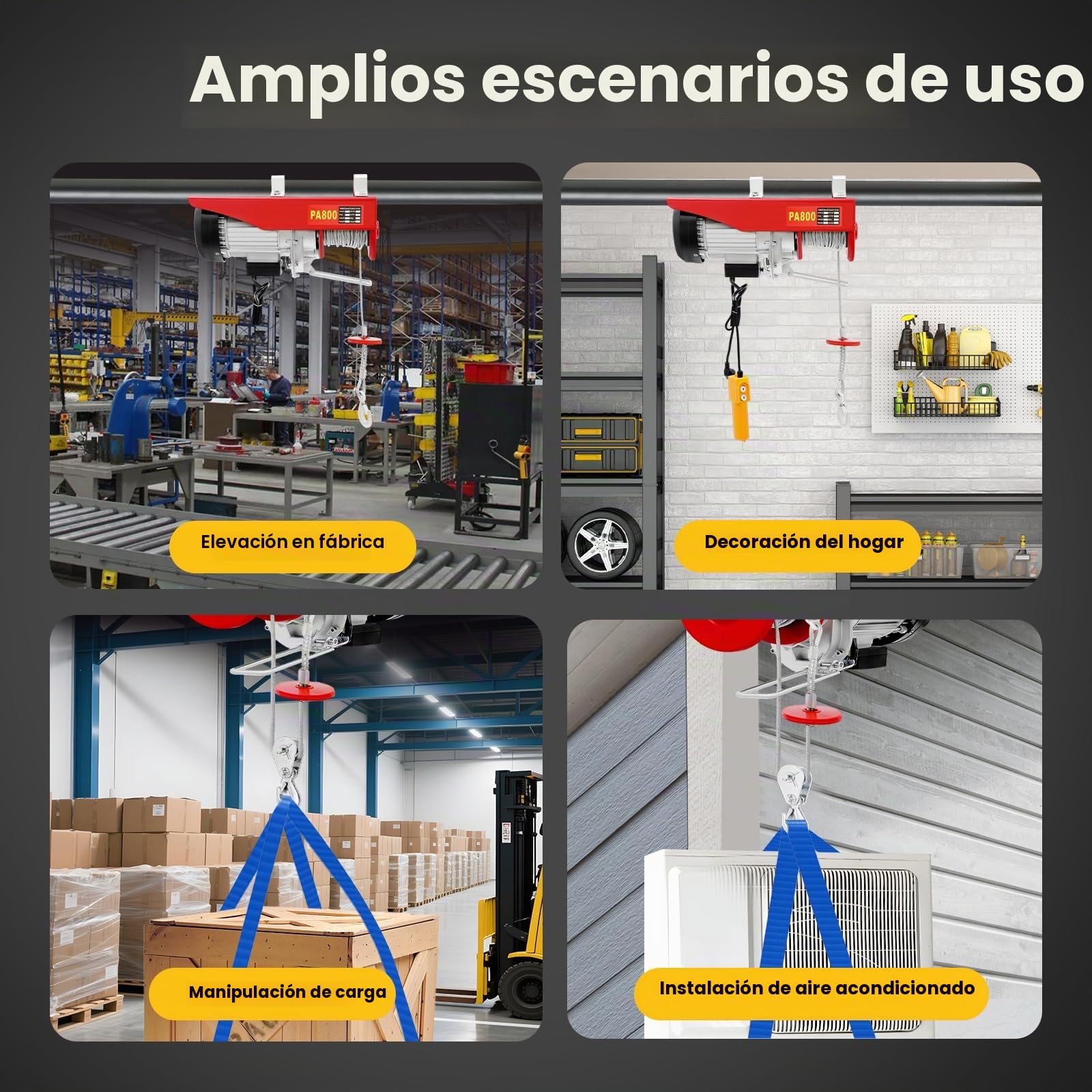Cabrestante eléctrico y polea de 1300 W con mando a distancia – polipasto de cadena 800 kg de capacidad de carga, 10 m/min velocidad de elevación – cabrestante para taller, almacén