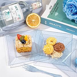 DaYammi 100Pcs Blue Glitter Dessert Plates Including 50Pcs Appetizer Plates 6 and 50Pcs Plastic Forks 5.7,Blue Plastic Square Plate for Party,plastic Salad Plate and Cake Forks for Wedding Birthday