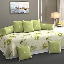 diwan Set for Living Room, diwan Set Covers Glace Cotton, diwan Set 8 Pieces (1 Diwan Sheet (Bedsheet), 5 Cushion Covers, 2 Bolster Covers) (Color- Light Green Beige) Floral Printed