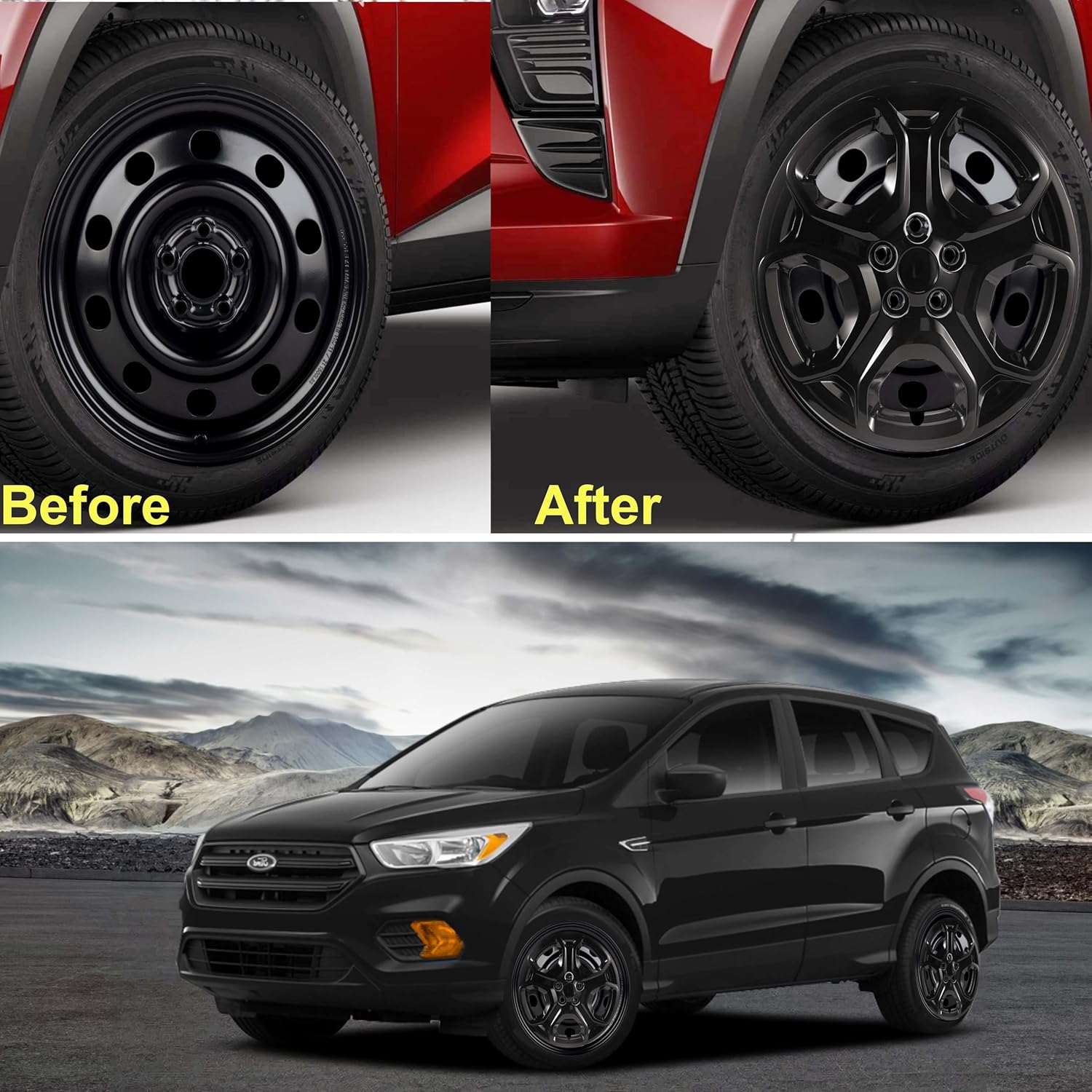 17-inch Hubcaps Compatible with Ford Escape 2013-2025; Silver Wheel Covers; Set of 4 pcs (Glossy Black)