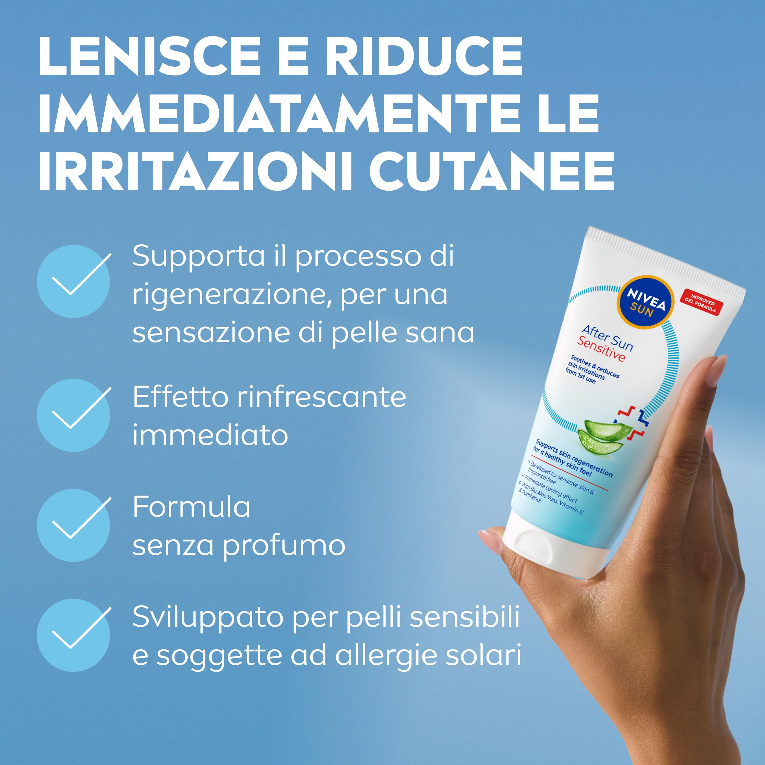 NIVEA SUN Doposole Sensitive 150 ml, Dopo sole in gel idratante, lenitivo e rinfrescante, Aftersun con Aloe Vera Bio, Vitamina E e Pantenolo, Assorbimento rapido, Senza profumo, Per pelli sensibili