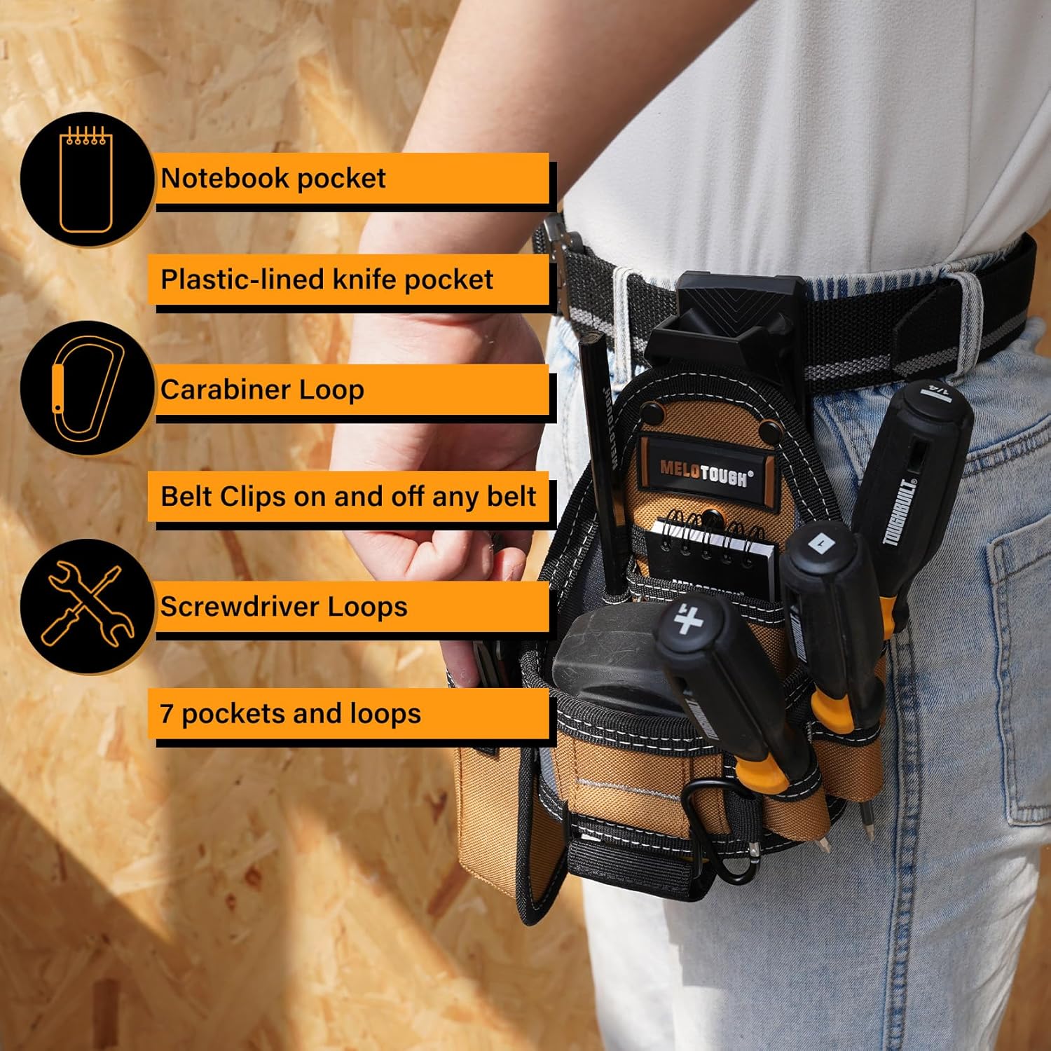 MELOTOUGH 7-Pocket Technician Pouch-Small Pocket Tool Belt Pouch with Belt Clip,Clip on Larger Pockets & Loop, Clip on-Tool Holder Accessory - Image 4