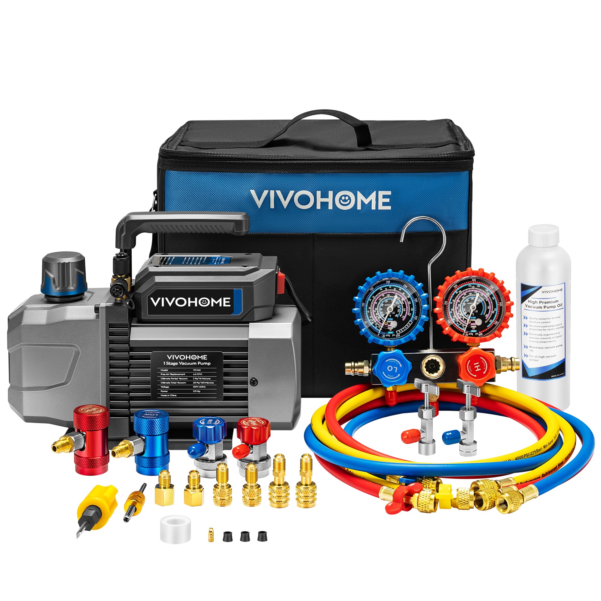 VIVOHOME 1/3 HP 4,5 CFM - Bomba de vacío y juego de manómetros AC