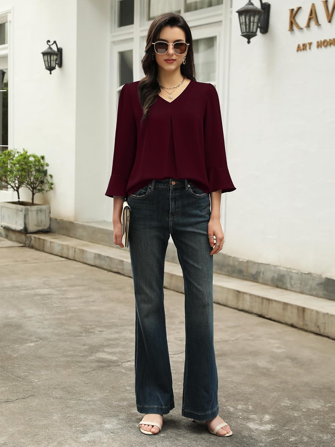 Funlingo Womens 3/4 Length Sleeve Tops Dressy Casual V Neck Business Chiffon Blouses Pleated Trendy Work Shirts - Image 5