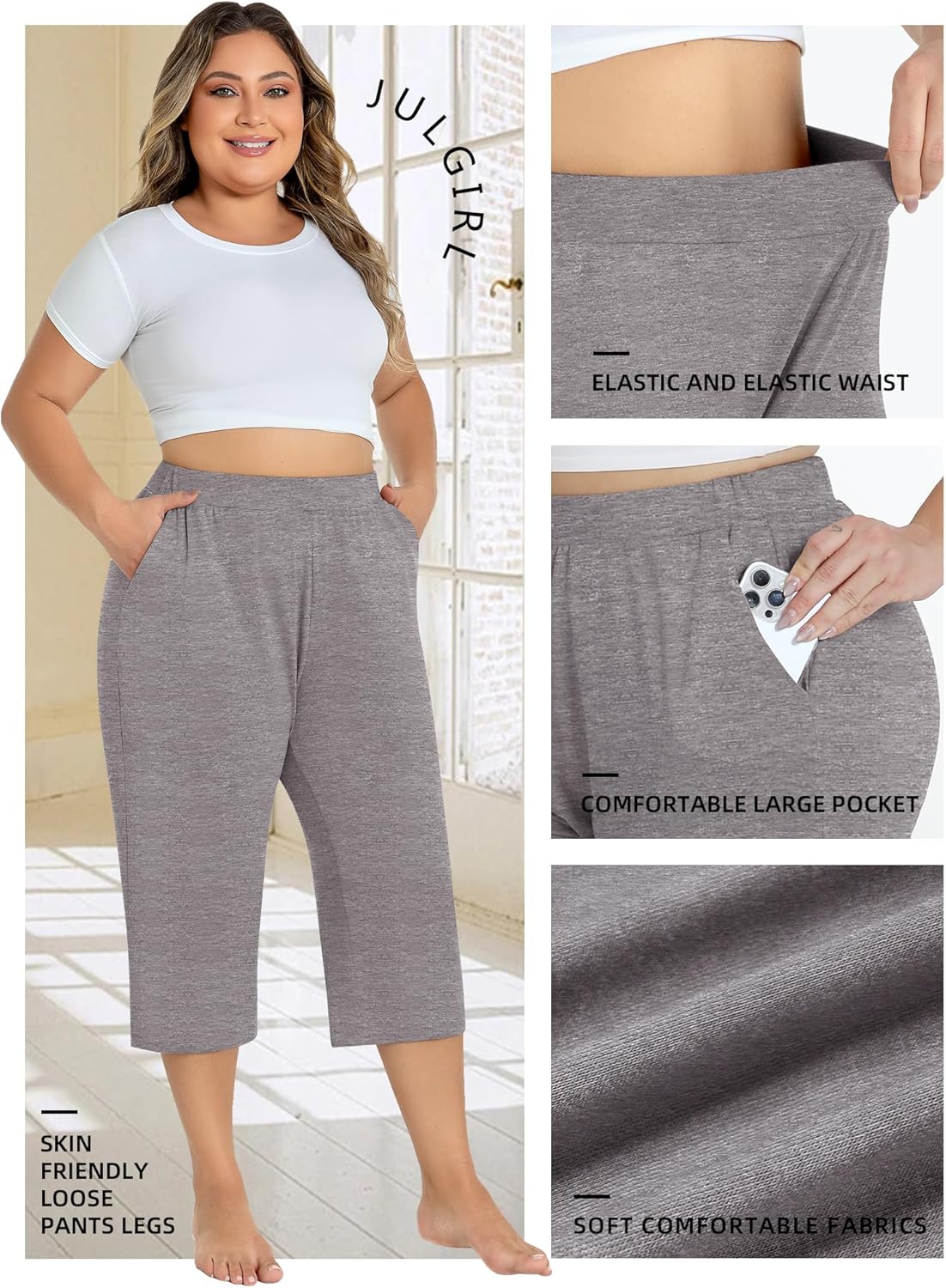 3 Pack Women's Plus Size Capri Sweatpants Loose Cropped Yoga Lounge Pajama Pants with Pockets for Summer - Image 5