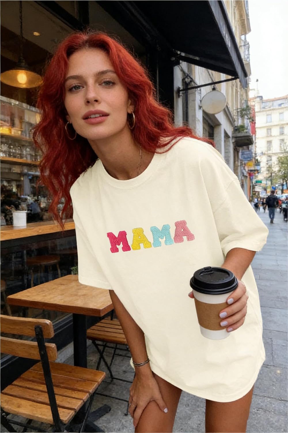Mama Shirt Women Mama Chenille Lettering Shirts Mom Gifts Oversized T-Shirts Trendy Mom Casual Tee Tops - Image 4