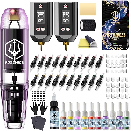 POSEIDON Tattoo Kit Tattoo Gun Kit, Tattoo Pen Kit with 2PCS 1400mAh Power Supply and 11 Tattoo Inks, Tattoo Machine Kit with 20pcs Tattoo Needles for Beginers