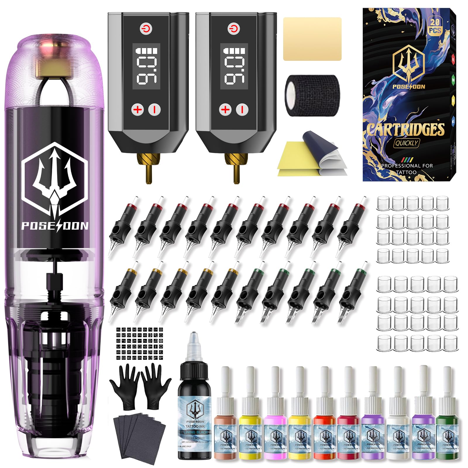 POSEIDON Tattoo Kit Tattoo Gun Kit, Tattoo Pen Kit with 2PCS 1400mAh Power Supply and 11 Tattoo Inks, Tattoo Machine Kit with 20pcs Tattoo Needles for Beginers