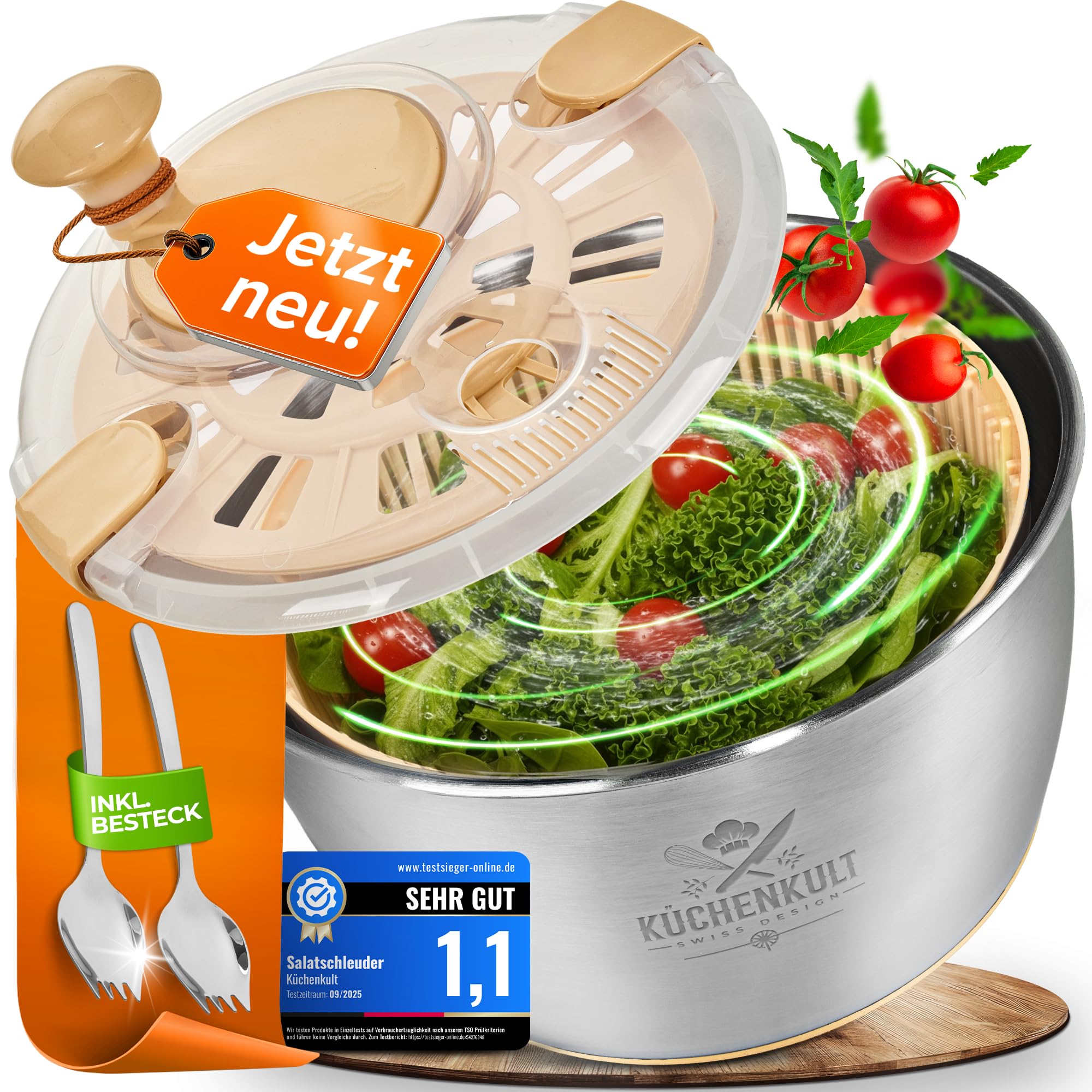Edelstahl Salatschleuder mit Deckel 5L | Rutschfester Boden | Testsieger 2025 | Salad Spinner | BPA -frei