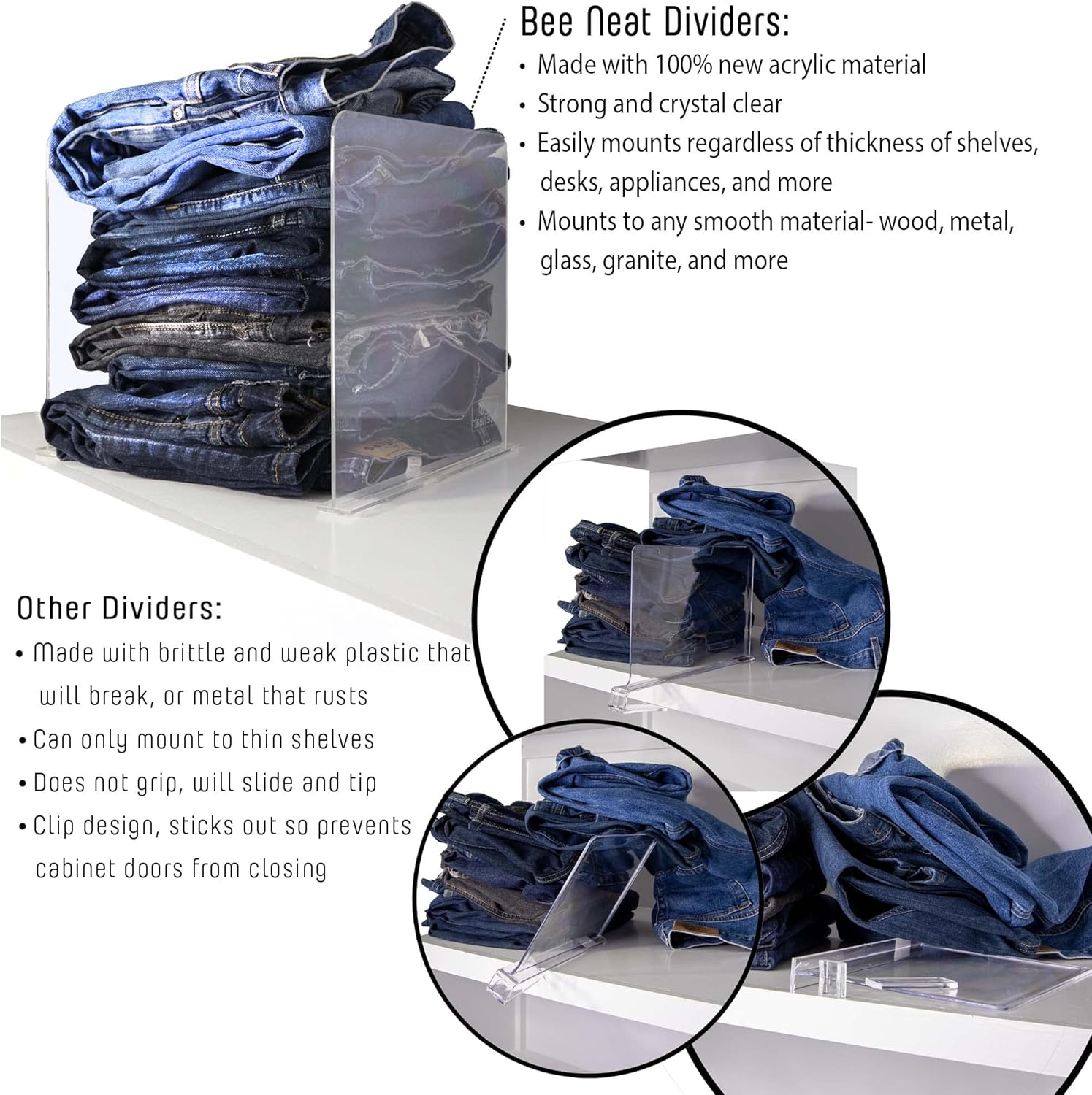 Bee Neat Closet Organization with Acrylic Clear Shelf Dividers - Closet Shelf Organizer for Clothes, Towels, Sweaters, Purses, and Books - Shelf Separators - 4 Pack (8" Tall 11 ⅝" Deep)