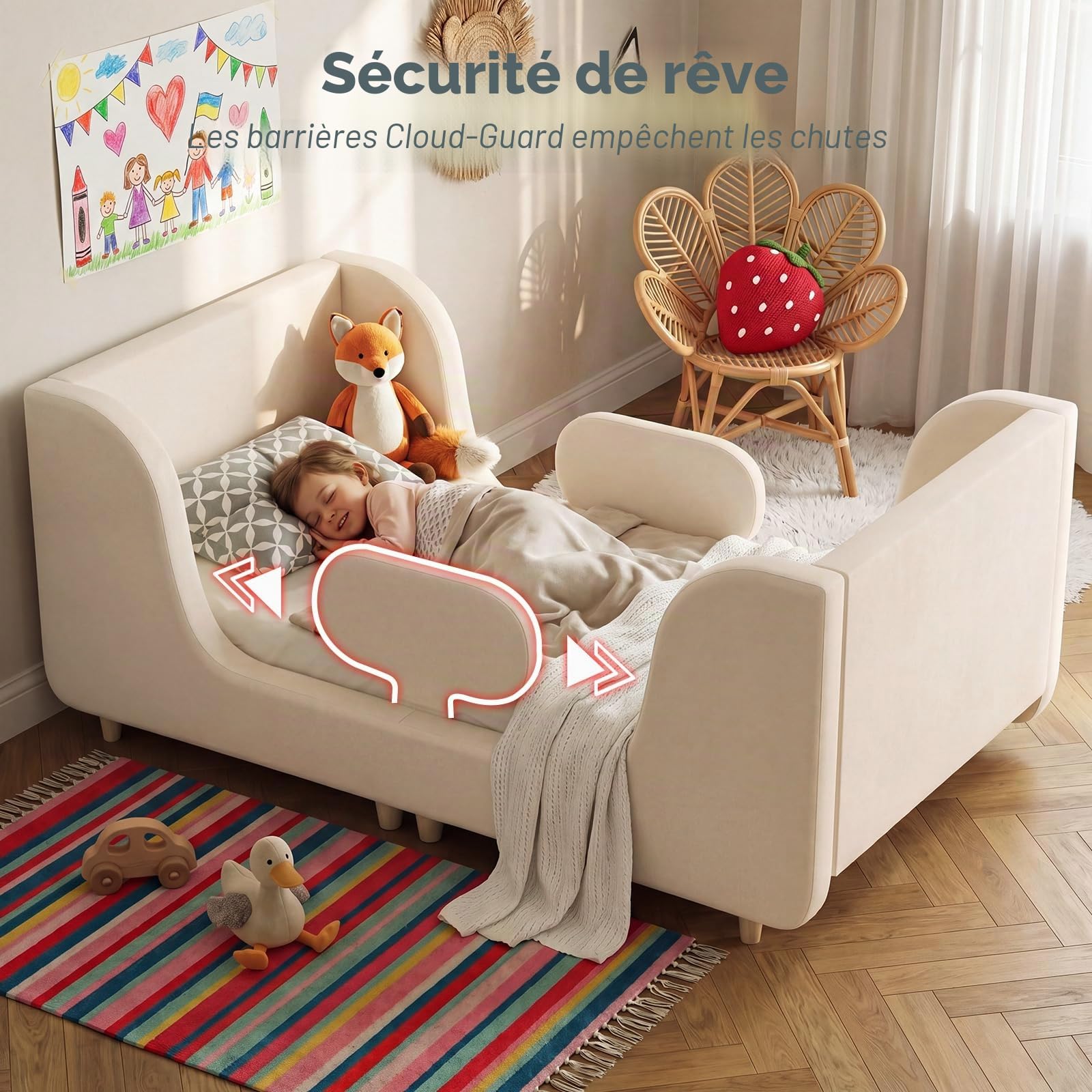 Lit pour petits enfants, Cadre de lit pour enfants rembourré souple, Lits d'enfants avec protection extra-large, Lits d'enfants pour filles et garçons (sans matelas)