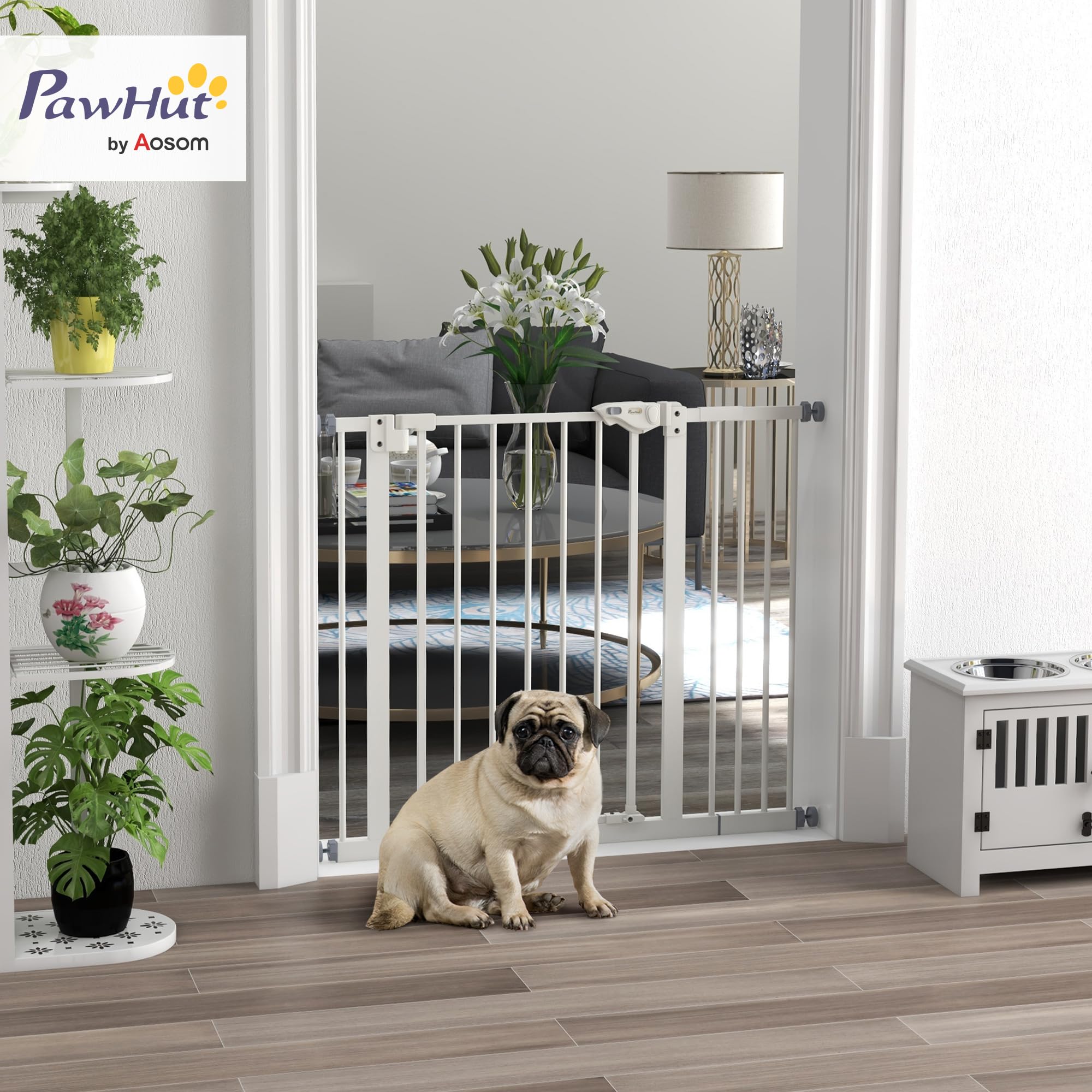 PawHut - Barrera de Seguridad para Animales (74-94 x 77 cm, con Puerta de Cierre automático, Sistema de Doble Bloqueo sin Taladro, con 1 extensión, Color Blanco | Cierre automático, doble bloqueo, sin taladrar, 1 extensiones, para escaleras, pasillos, pue