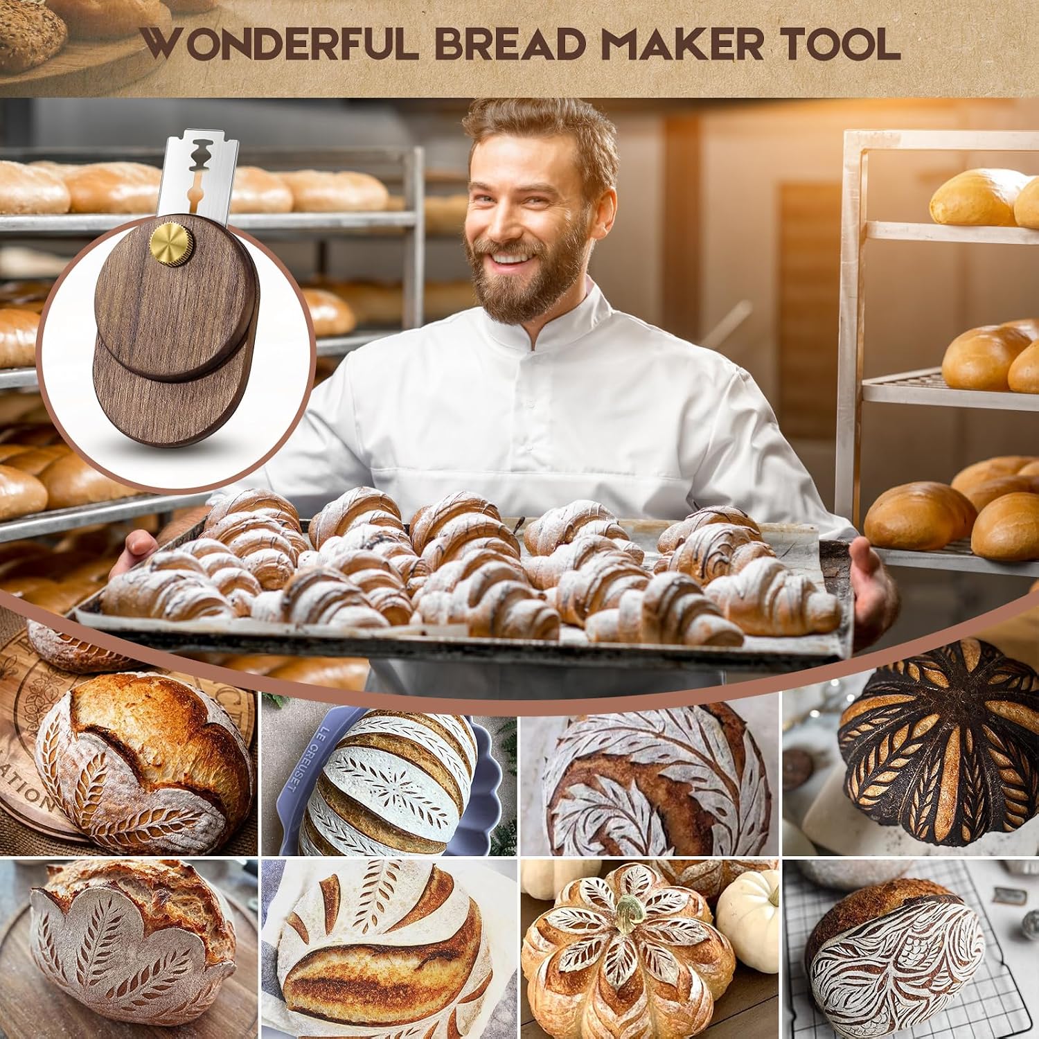 Upgraded UFO Bread Lame Dough Scoring Tool,Magnetic Sourdough Scoring Tool,Black Walnut Bread Lame Cutter Scoring Knife for Bread Baking Includes 5 Replaceable Razor Blades for Bread Baking