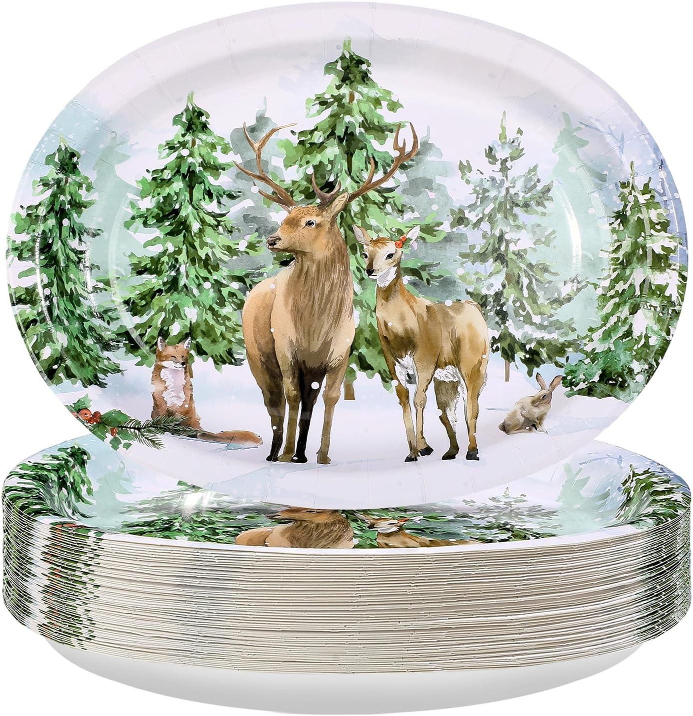 Grencian 50 PCS Christmas Oval Paper Plates 10" x 12" Large Heavy Duty Watercolor Christmas Reindeer Plates Disposable Forest Deer Platter Tableware for Xmas Winter Holiday Party Supplies