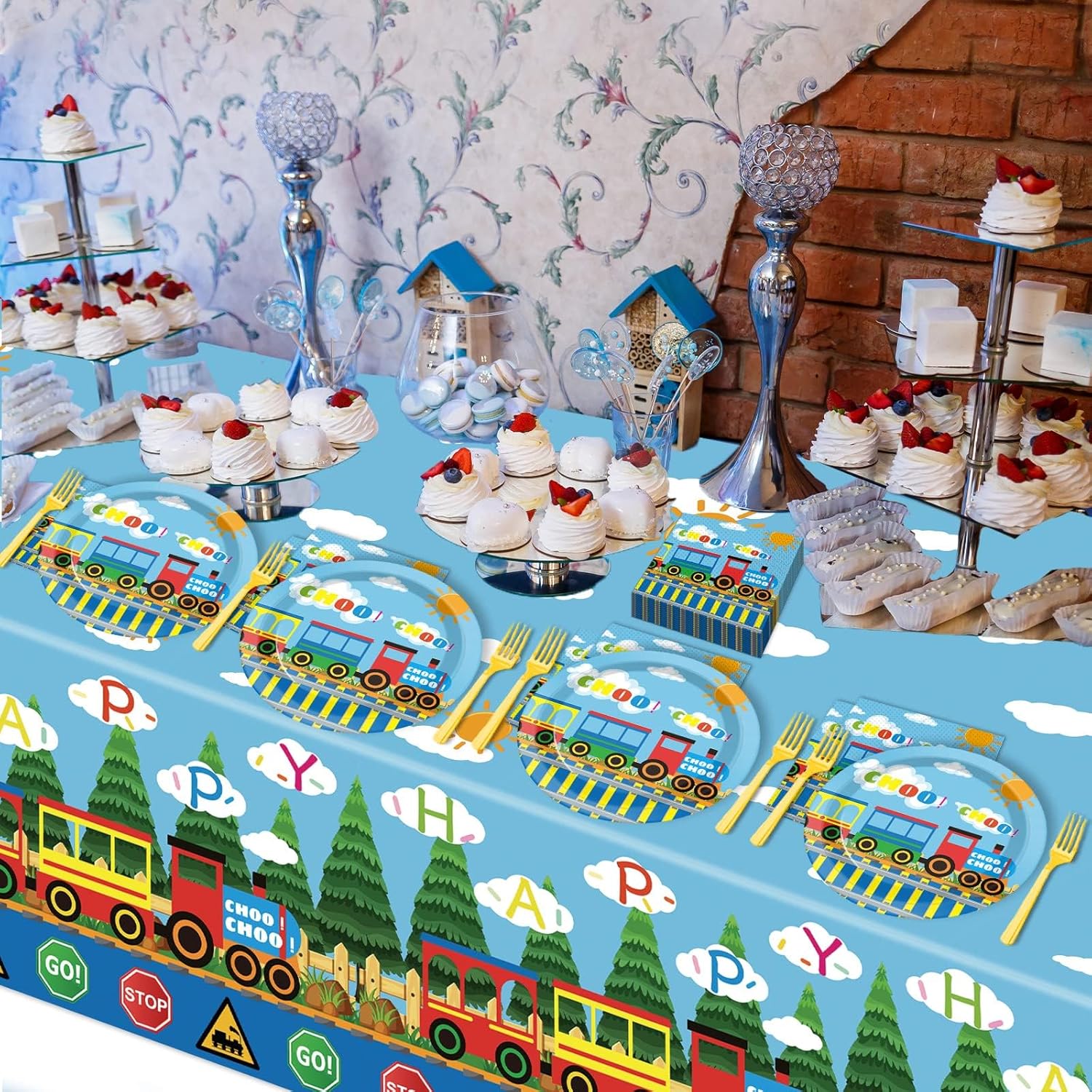 61 Pcs Train Birthday Decorations Chugga Choo Party Tableware Set Cartoon Car Plates Napkins and Tablecloth Transportation Themed Supplies for Birthday Parties Family Gathering Dinner Serve 20 Guests - Image 5