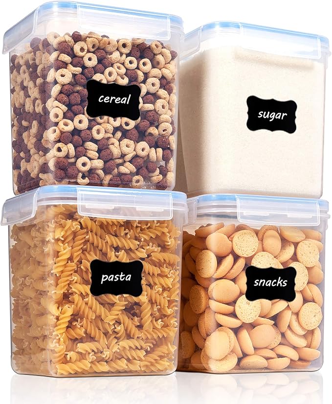 Food Storage Containers 2.5L / 84.5oz, 4 Pieces BPA Free Plastic Airtight Canister for Flour, Sugar, Baking Supplies, with 4 Measuring Cups and 24 Labels, Black