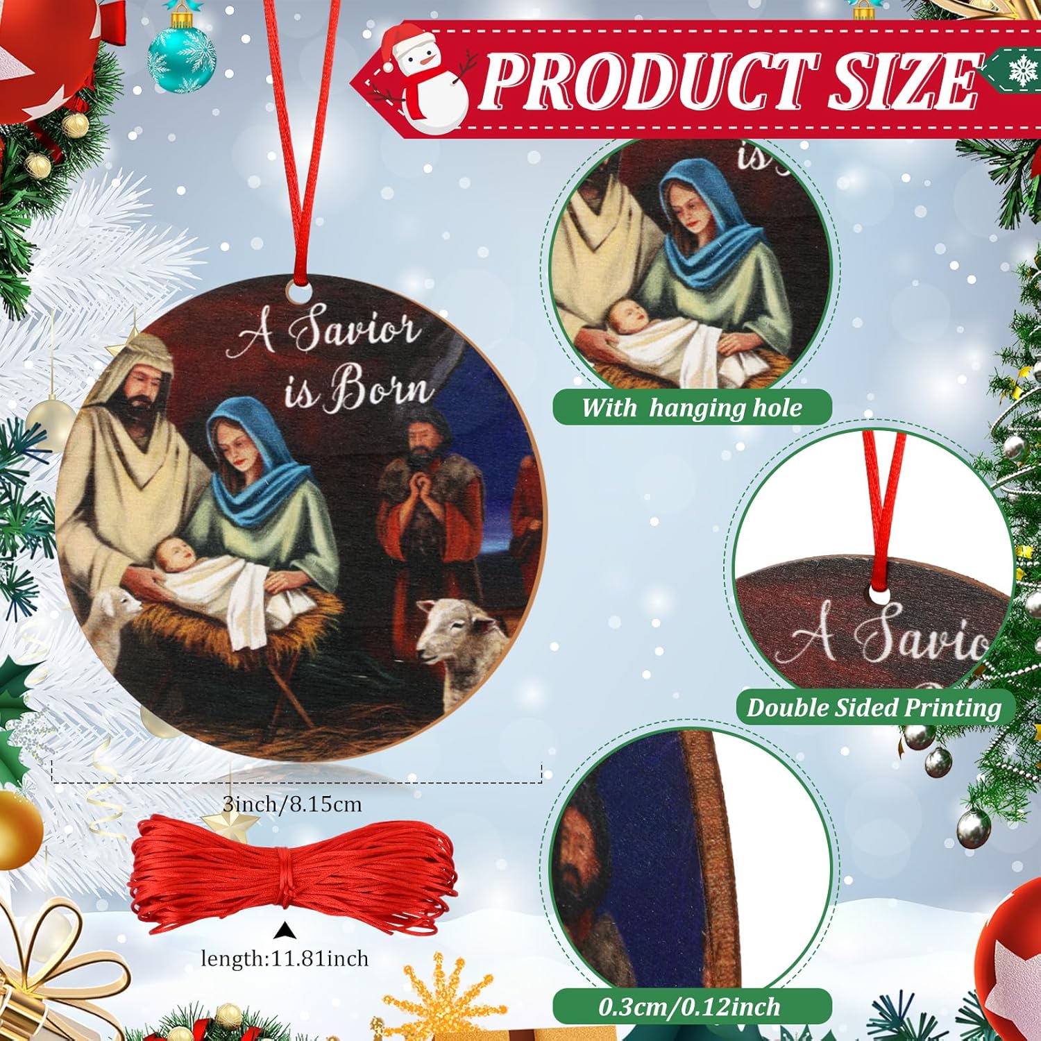 Soaoo 72 Pieces Nativity Scene Christmas Ornament Wooden Jesus Nativity Ornament Christian Religious Christmas Decorations with Red Ropes for Xmas Tree Party Decoration (Classic Style) - Image 2