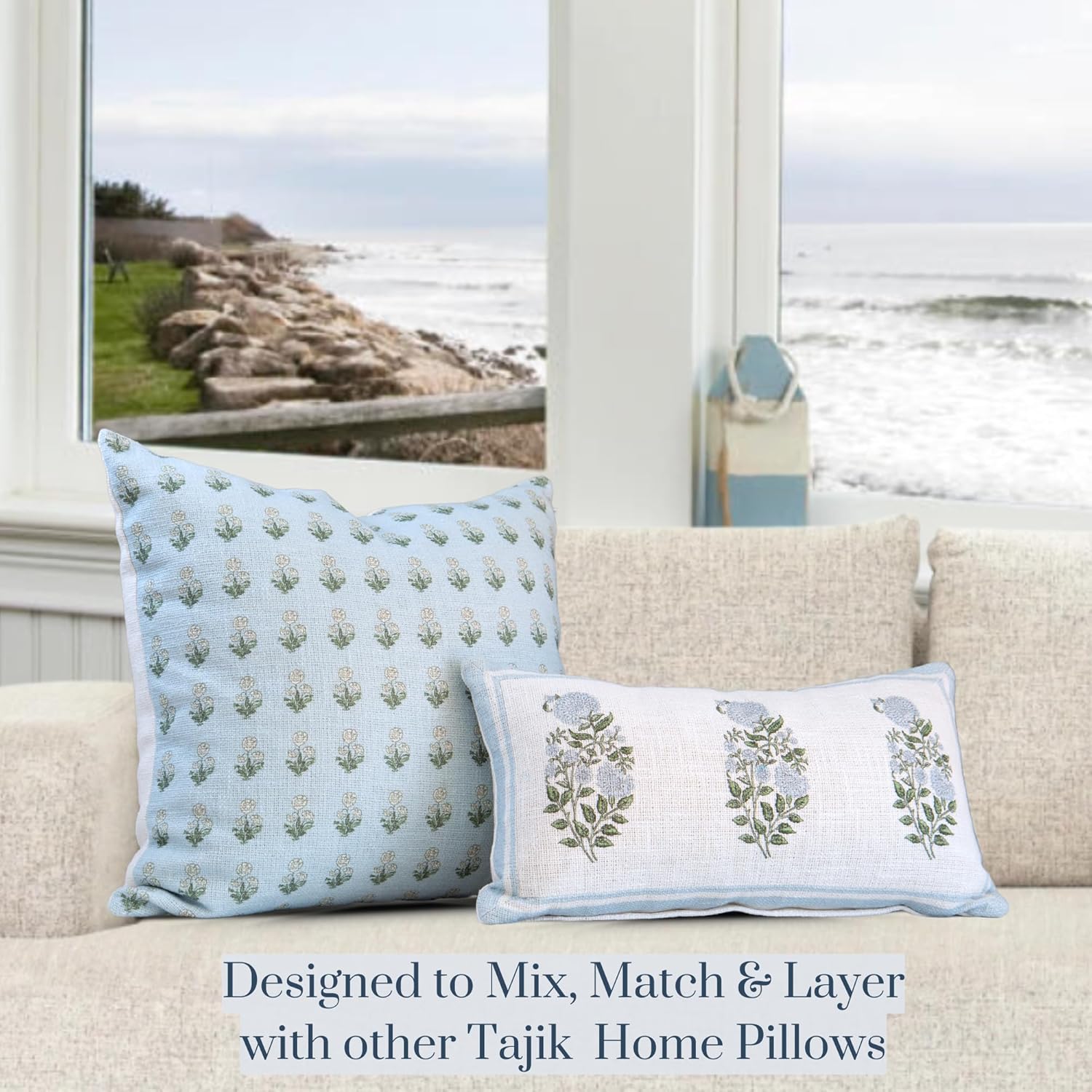 Arabella Block Print Pillow Cover – 100% Cotton Designer Throw Pillow Cover – Luxury Decorative Accent for Sofa, Couch, Bed & Modern Coastal Grandmillennial Home Décor (Blue, 22x22)