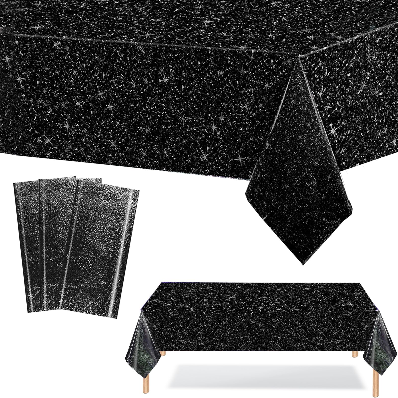 3Pcs Black Metallic Party Tablecloths, 137*274cm Glitter Party Table Cloth Disposable, Black Sparkly Plastic Tablecloth, Sequin Table Cover for Birthday, Wedding, Disco Party Table Decorations