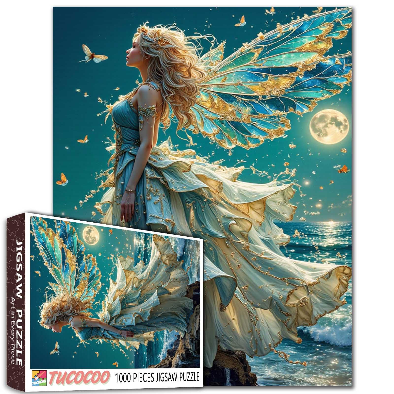 Tucocoo Moonlit Ocean Fairy Puzzle for Adults 1000 Piece, Fairy with Golden Wings – Fantasy Night Puzzles Art, Family Games, DIY Challenging Puzzle Gift for Women, Teens, Home Decor 27x20 inch