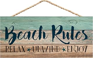P. Graham Dunn Beach Rules Relax Unwind Enjoy Weathered 5 x 10 Wood Plank Design Hanging Sign