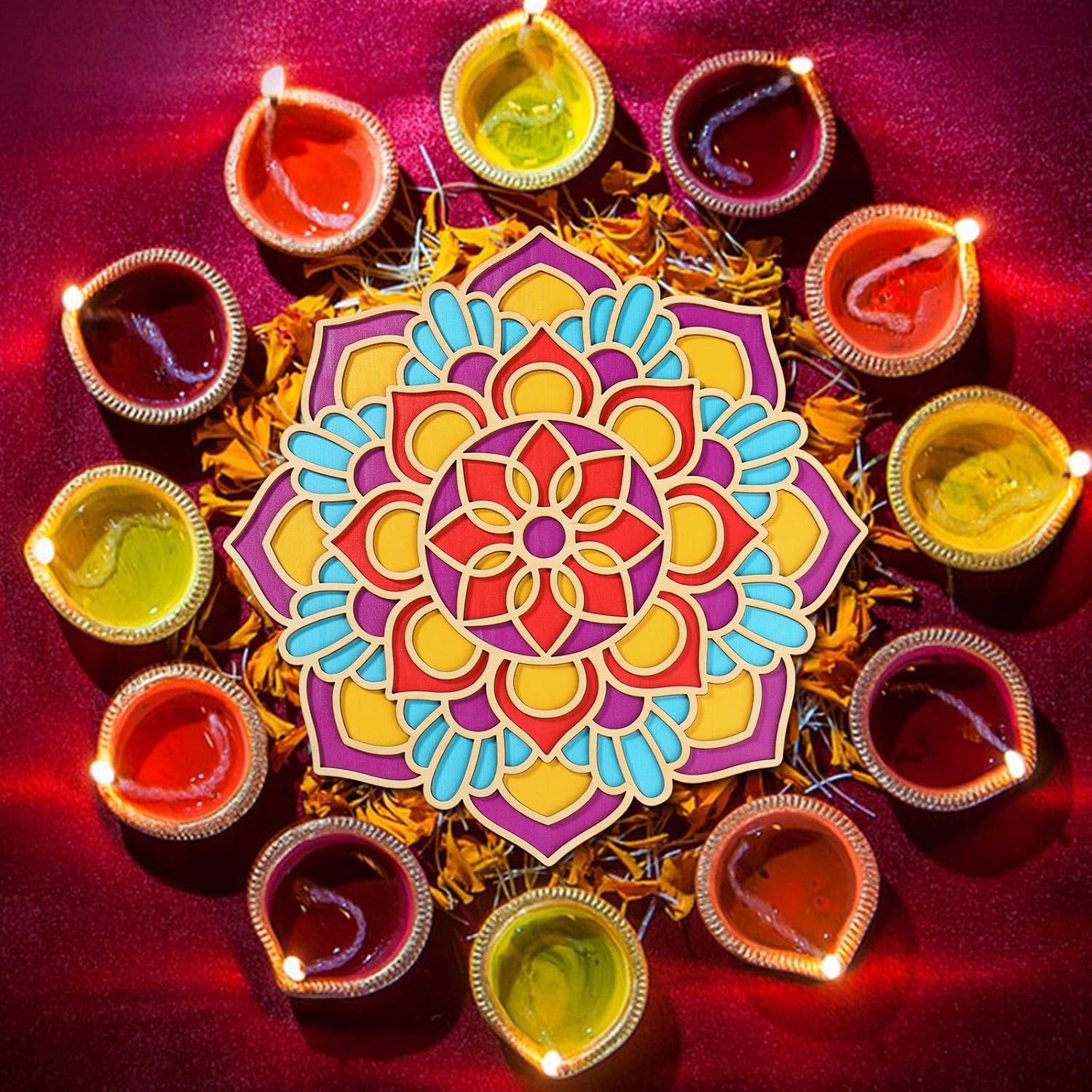 Bnesi DIY Floral Rangoli Mat for Decor Diwali Mandala Rangoli Decor Rangoli Stencils Indian for Floor Rangoli Decorative Board for Indian Traditional Festival New Year Decor (Traditional, Floral C)