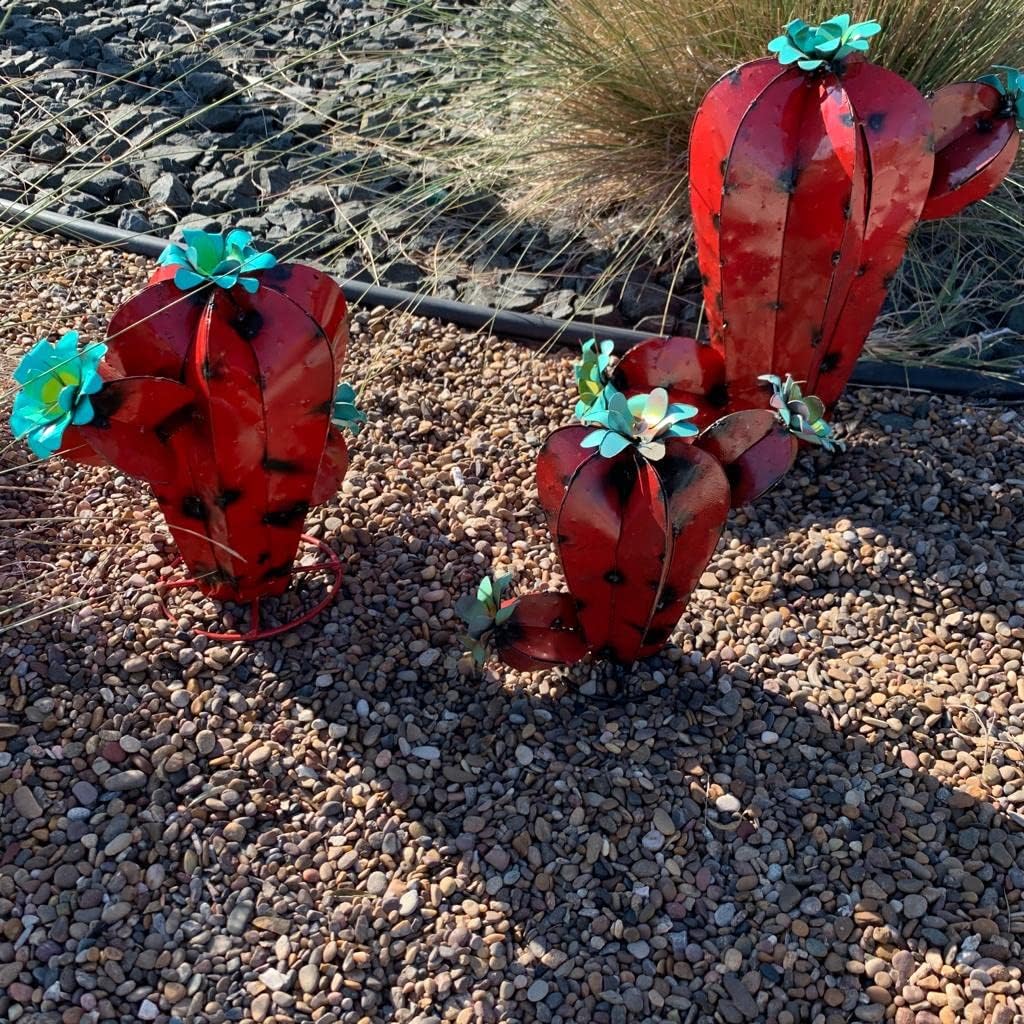 Set of 3 Handmade Metal Cactus - Garden Art, Rustic Cactus, Cactus Decor, Colorful Metal Cactus Yard Decor Desert Landscape (Red)