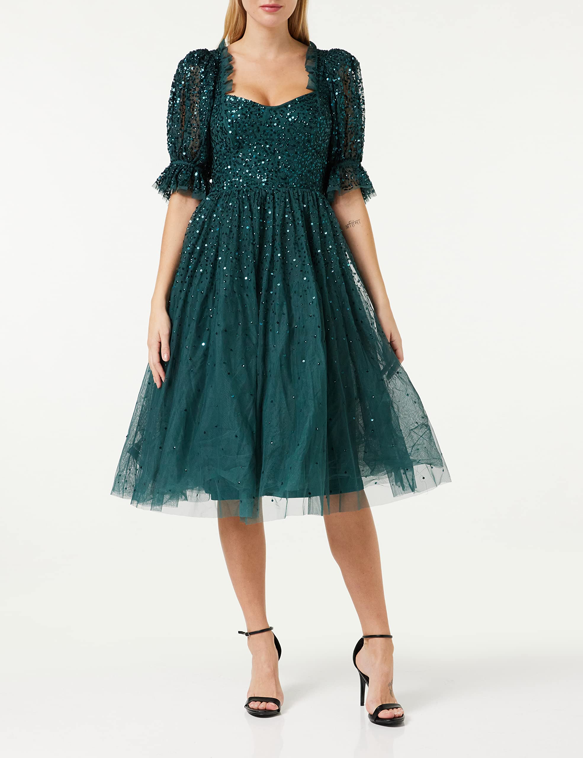 Maya Deluxe Damska sukienka damska midi sequin Embellished Frilly Sweetheart Neckline Puffed Sleeves For Wedding Guest Prom Evening Dress Women, Zielona, 46
