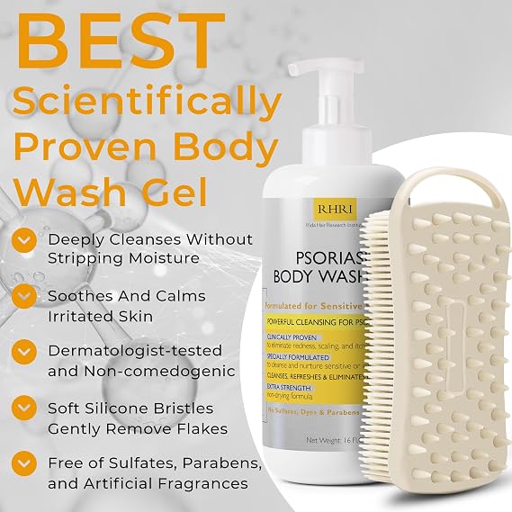 Body Wash | Psoriasis Treatment For Skin | Psoriasis Body Gel | Foaming Cleanser For Dry, Itchy, Red, Flaky, Scaly Skin w/Scrubber