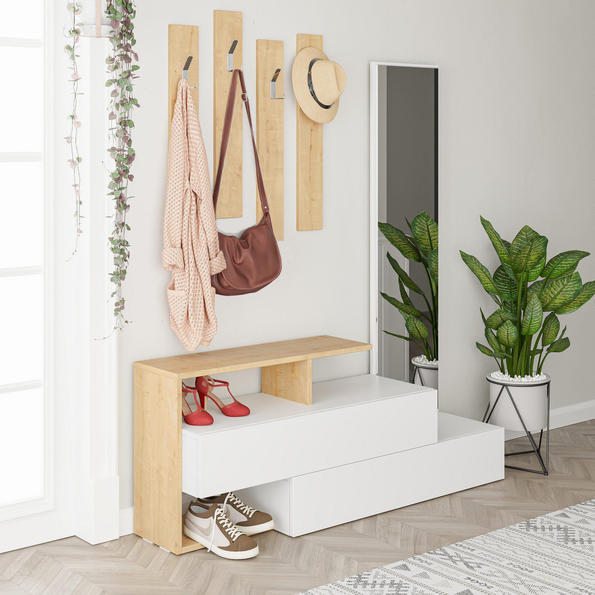 Deconation Meuble D'entrée Vestiaire En Panneau Mélaminé Blanc Et Chêne Avec Miroir