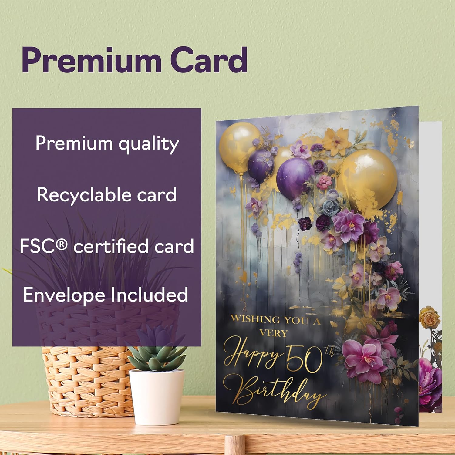 Beautiful Gold 50th Birthday Cards for Women Men - Golden Party Balloons - Elegant Traditional Pretty Birthday Card for 50 Year Old Woman Man Her Him, A5 Gorgeous Greeting Cards Gift