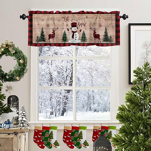 Miniatura 3 de Cenefa de cortina de cocina con diseño de muñeco de nieve de Navidad, cenefa de ventana con bolsillo para barra, 1 panel de cenefas para sala de