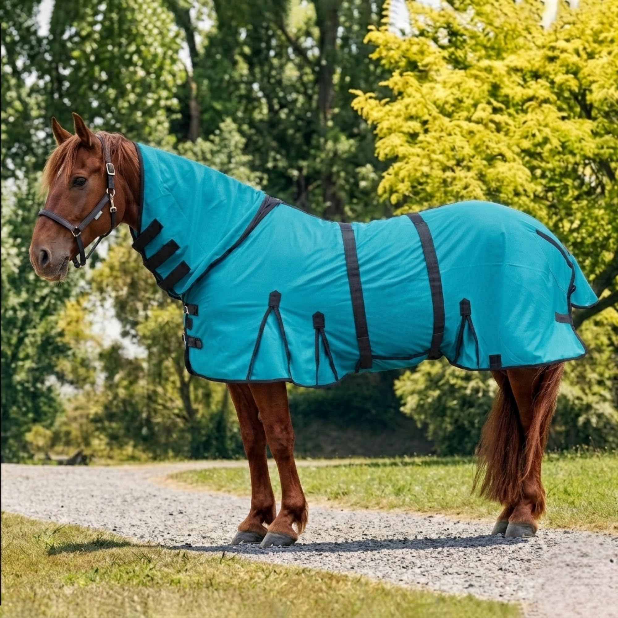 Horse Fly Sheet with Attached Neck Cover &amp; Tail Flap | UV Protection Mesh Horse Blanket, Full Body Bug &amp; Sun Shield, Buckles, Belly Wrap &amp; Gussets for Spring Summer Riding Rug (Teal, 80")