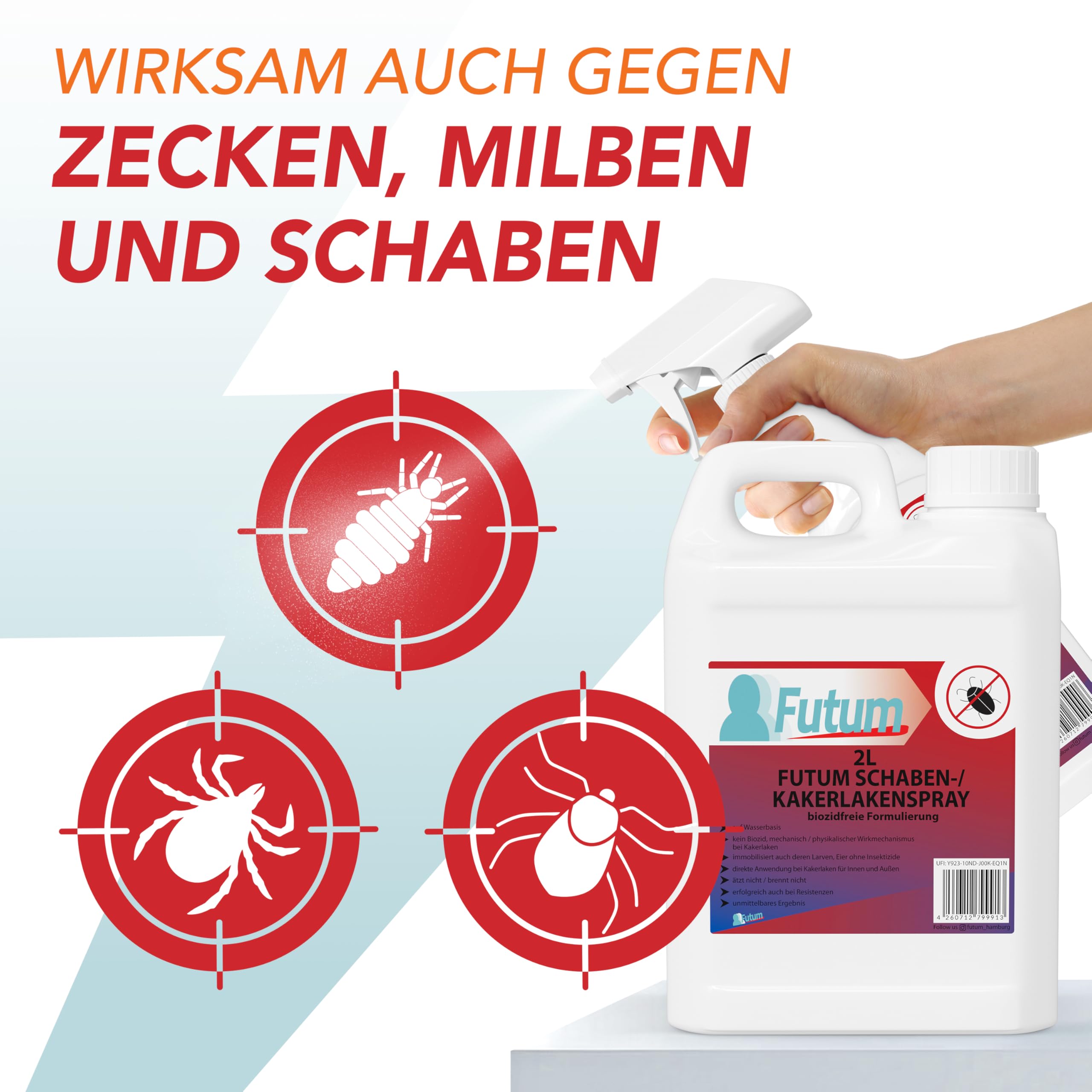 Schaben Spray 2 Liter + Drucksprüher Kakerlaken bekämpfen auf Wasserbasis Ohne Treibgase wirkt gegen Eier Innen & Außen