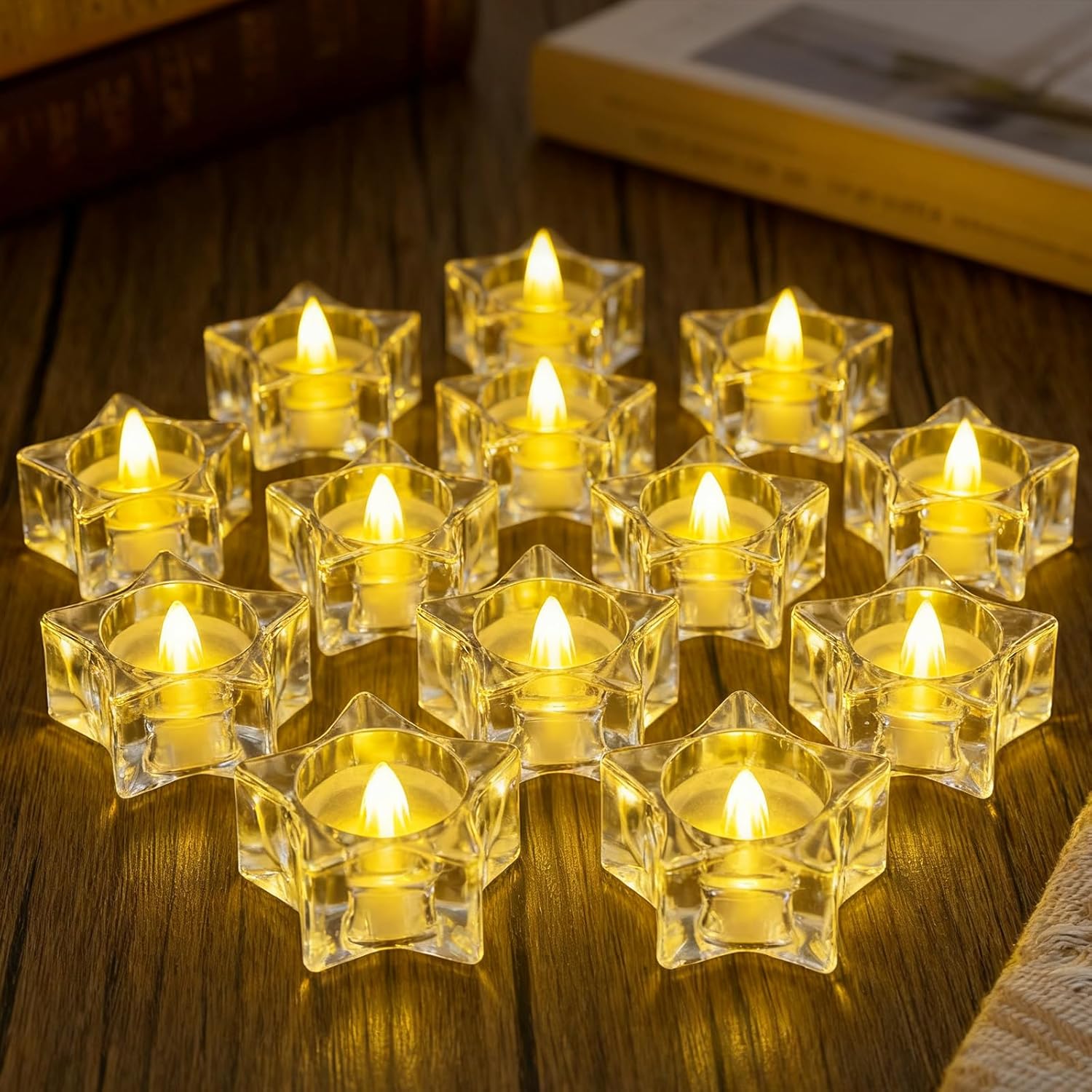 AVEKI 12 Pack Crystal Flameless Tea Lights Candles Battery Operated, Star-Shaped Flameless Tealight Candles for Halloween Christmas Wedding Party Home Decor (Star)
