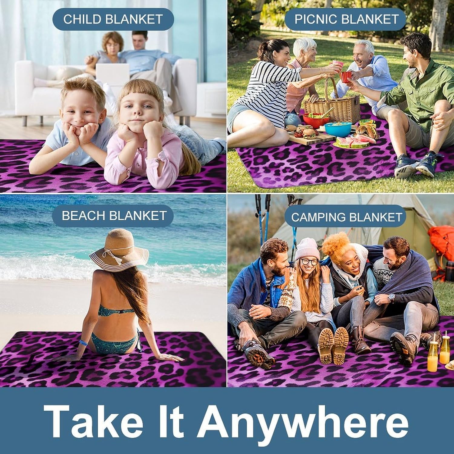 Purple Leopard Picnic Blanket Outdoor, Square Foldable Lightweight Waterproof Beach Mat (58.3" X 58.3"), Portable Travel Rug for Beach, Camping, Lawn, Parks & Family Picnics