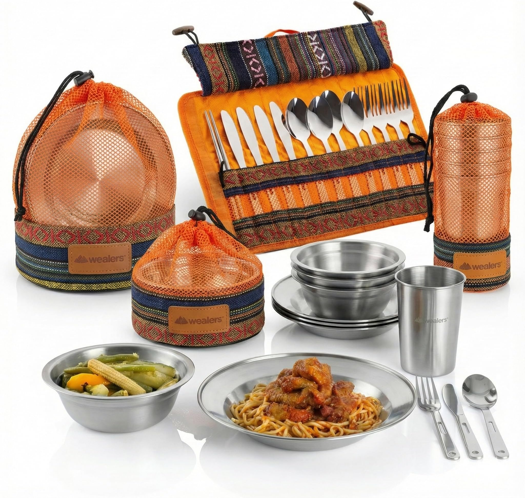 Wealers Unique Complete Messware Kit Polished Stainless Steel Dishes Set| Tableware| Dinnerware| Camping| Buffet| Includes - Cups | Plates| Bowls| Cutlery| Comes in Mesh Bags (4 Person Set)
