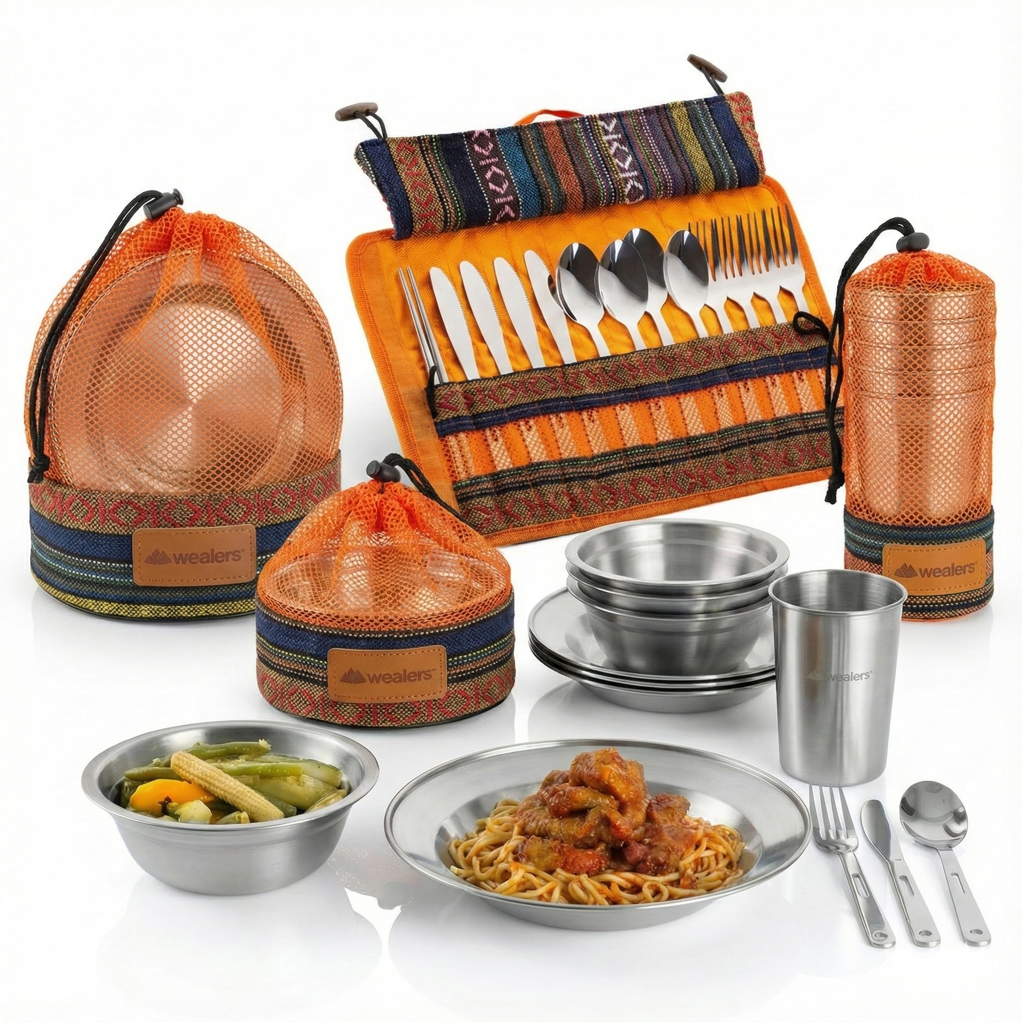 Wealers Unique Complete Messware Kit Polished Stainless Steel Dishes Set| Tableware| Dinnerware| Camping| Buffet| Includes - Cups | Plates| Bowls| Cutlery| Comes in Mesh Bags (4 Person Set)