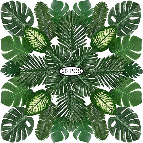 Recosis 98 piezas de 8 tipos de decoraciones tropicales para fiestas, hojas de safari con hojas de Monstera de la selva, hojas de palma artificiales