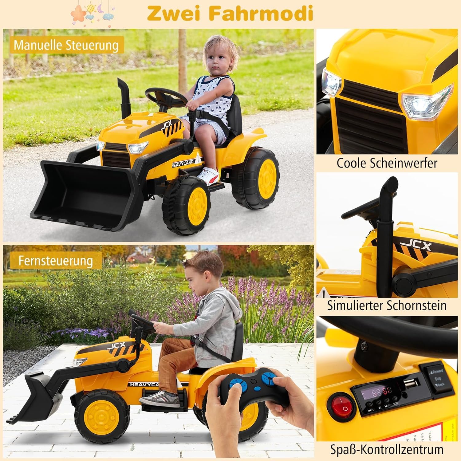 DREAMADE Elektro Sitzbagger mit Verstellbarer Grabschaufel, Bagger zum draufsitzen mit Fernbedienung, Kinderbagger mit Musik, Hupen, Scheinwerfer, USB, Sanftanlauf, für Kinder 3-8 Jahren, Gelb