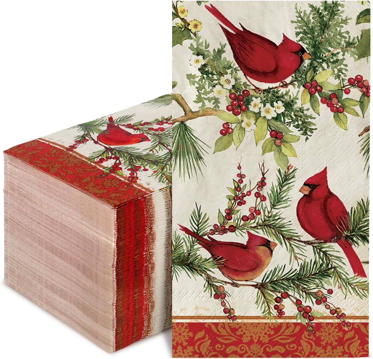 80Pcs Christmas Paper Guest Napkins Vintage Cardinal Bird Berry Bathroom Napkins Xmas Winter Disposable Guest Hand Towel Napkin for Home Party Supplies