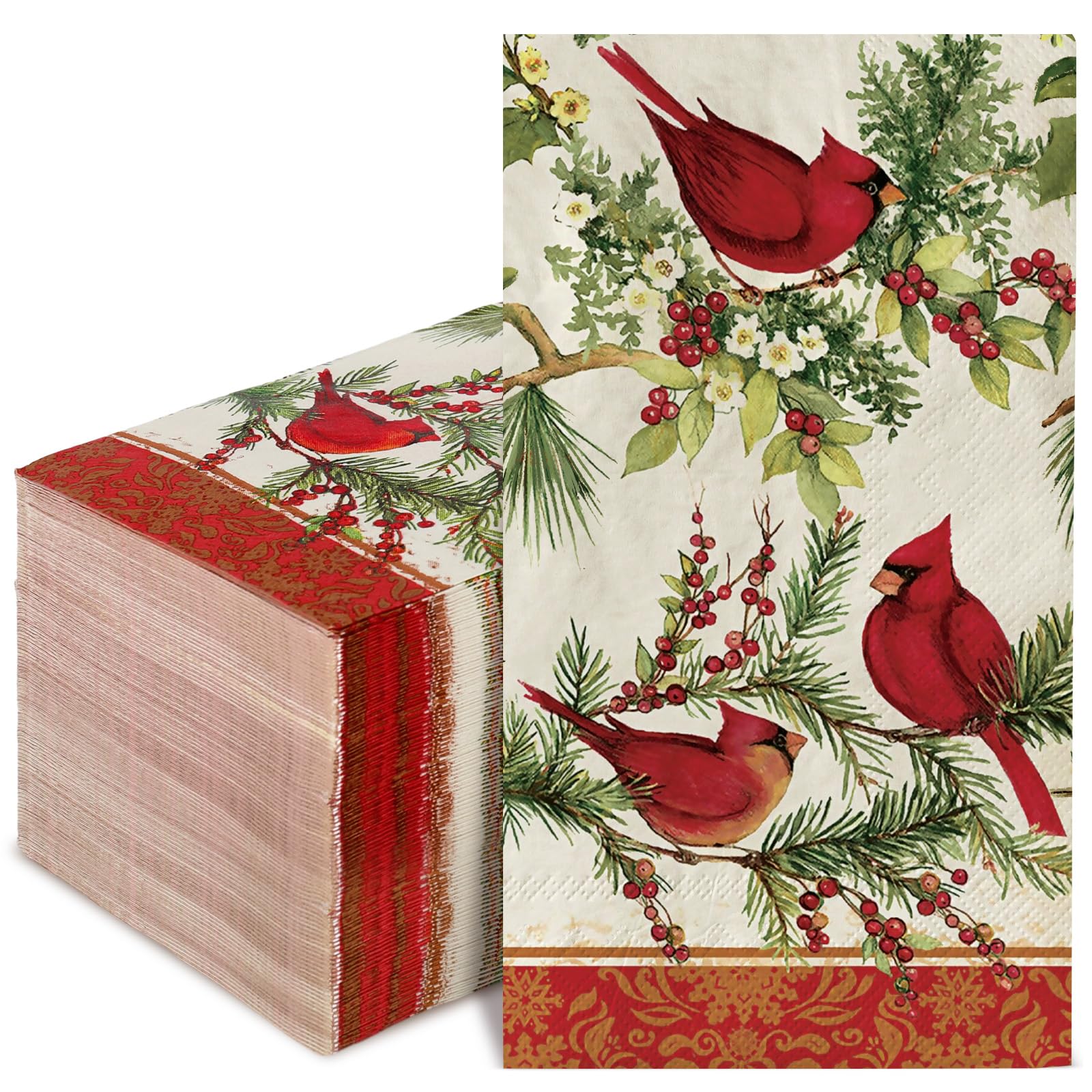 80Pcs Christmas Paper Guest Napkins Vintage Cardinal Bird Berry Bathroom Napkins Xmas Winter Disposable Guest Hand Towel Napkin for Home Party Supplies