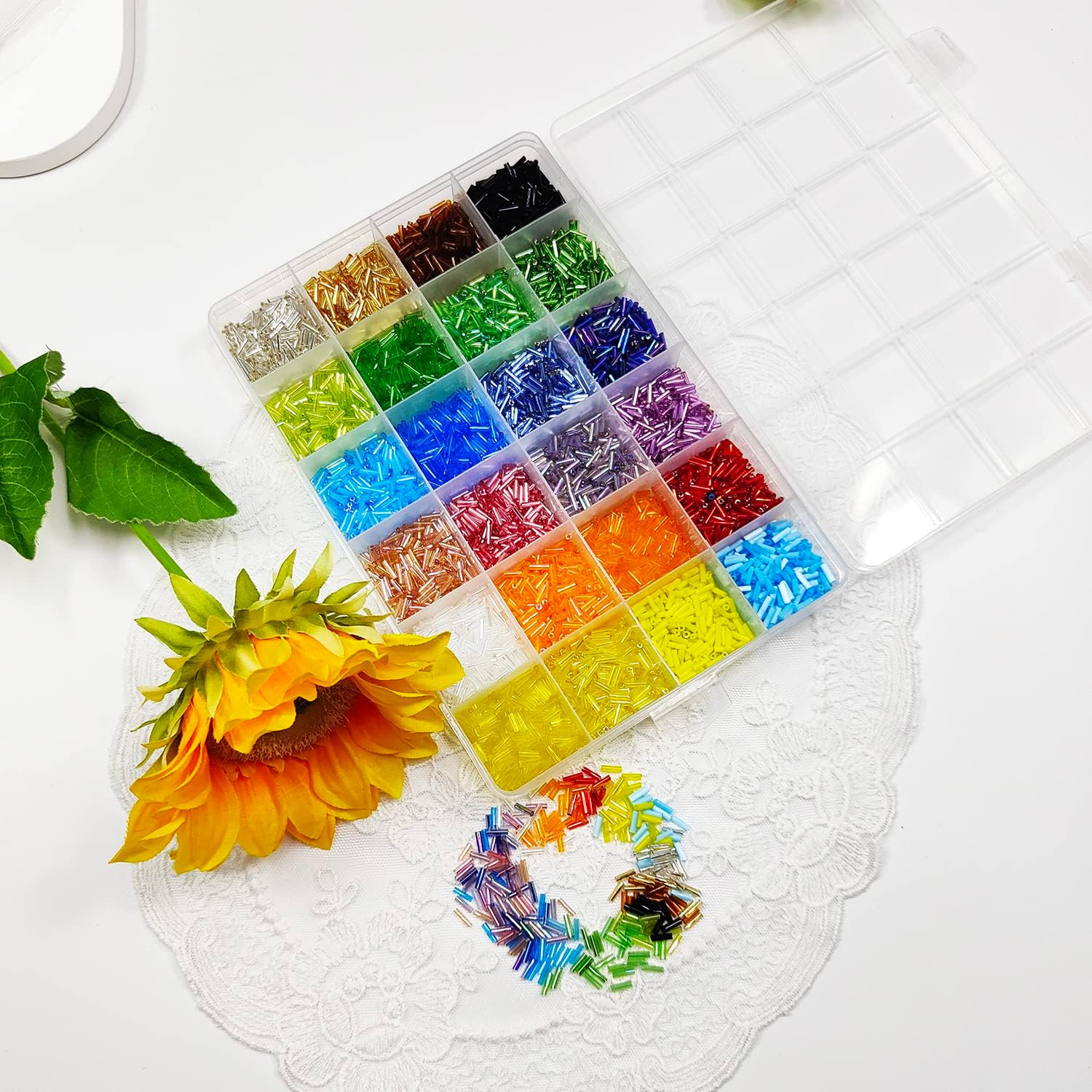 Size 6mm Glass Bugle Tube Beads with Beading Needles About 7680pcs in Box,24 Multicolor Assortment Length 6mm Tube Beads for Jewelry Making (320pcs/Color, 24 Colors) - Image 4